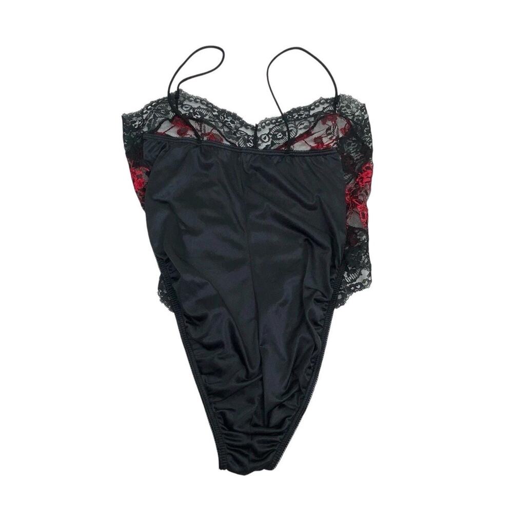 Vintage Nan Flower Black Red Lace Teddy Bodysuit 1980s Nylon Large - Picture 6 of 8